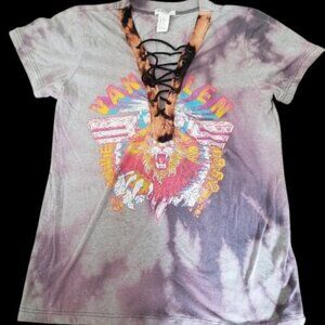 * FOREVER 21 Gray Tie Dye VAN HALEN 1982 Lace Front Short Sleeved Top 10-12